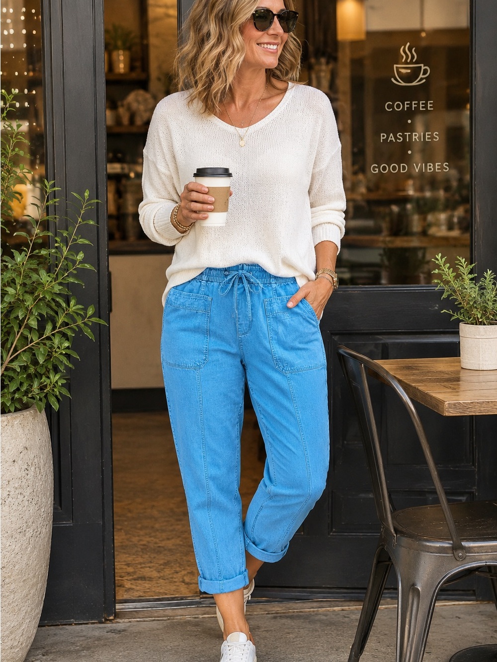 New LOFT Outlet , Lightweight, Light Blue Chambray, Denim Jogger Pants, M